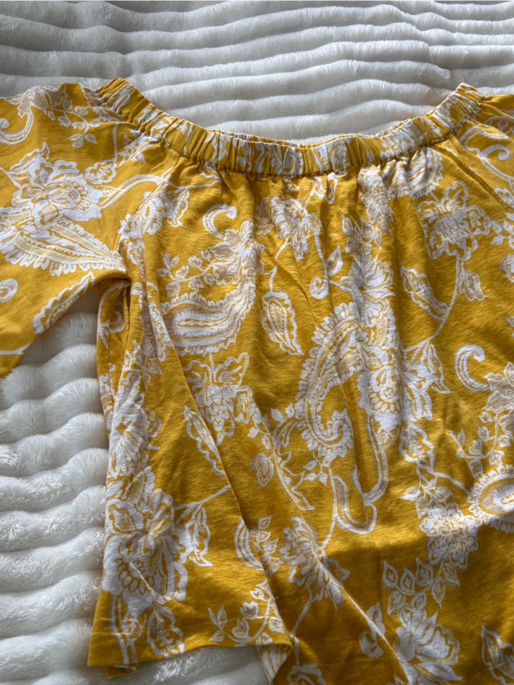 Chico's Mustard Yellow and White Paisley Off-Shoulder Blouse